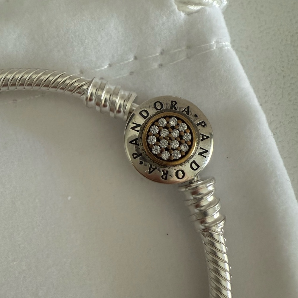 Genuine Pandora Sterling Silver Cubic Zirconia Clasp Snake Chain Bracelet